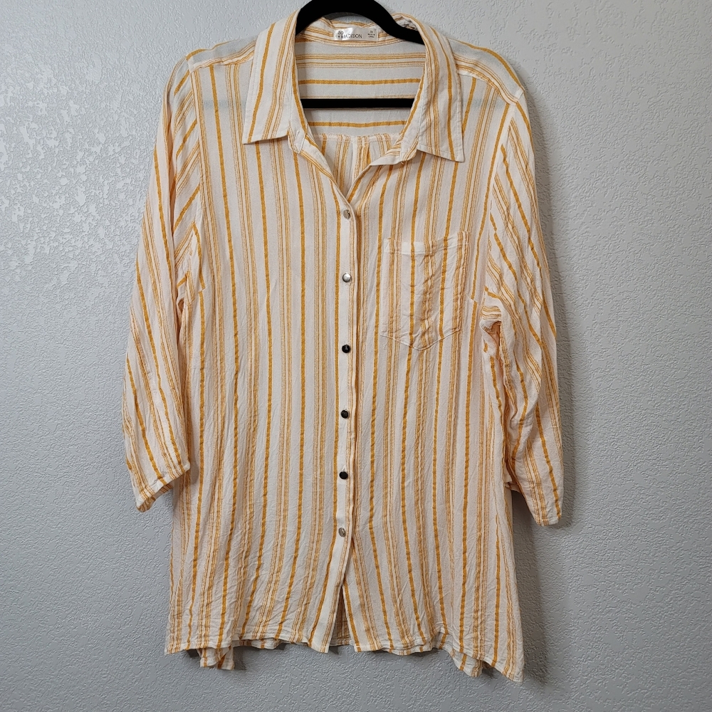 89+Madison 3/4 sleeve button up roll tab yellow stripe crepe collared sh…